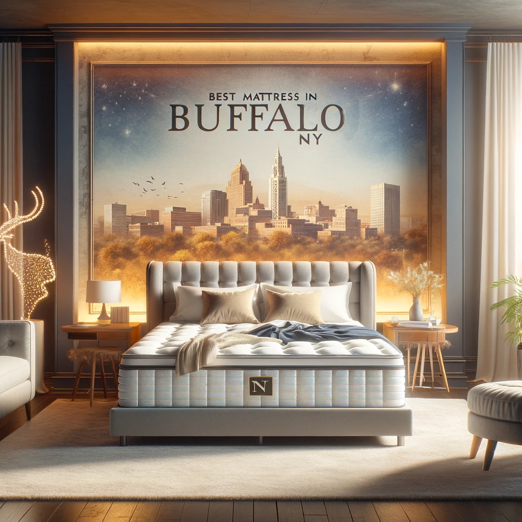 The image captures iconic landmarks of Buffalo along with the mattress symbolizing best mattress stores in Buffalo.